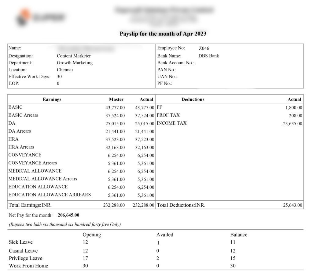 Sample of a payslip
